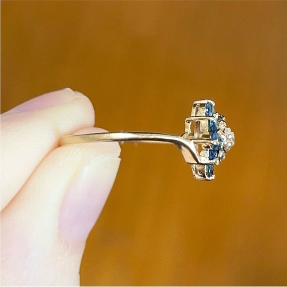 14K Natural Sapphire Diamond cluster pyramid dark blue yellow gold ring - Picture 9 of 10